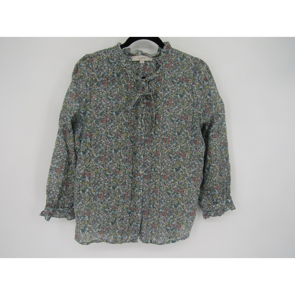 LOFT Blouse Womens Small Multicolor Floral Pintuck Tie Neck Ruffle Long Sleeve